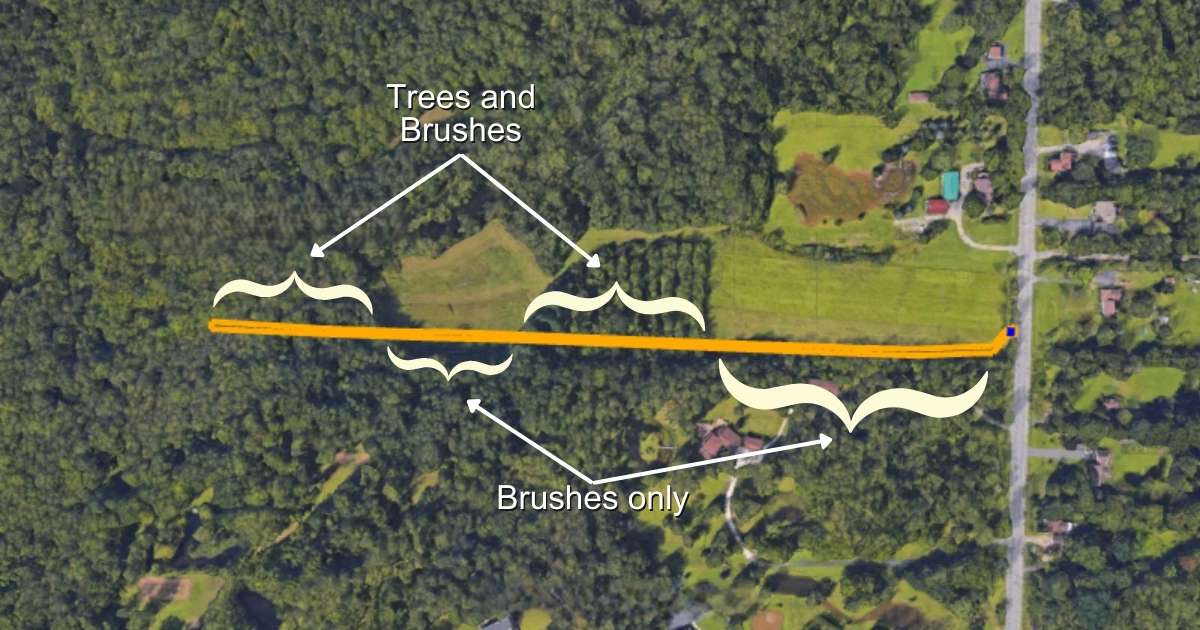 Google map showing proposed route and trees and bushes in the way.