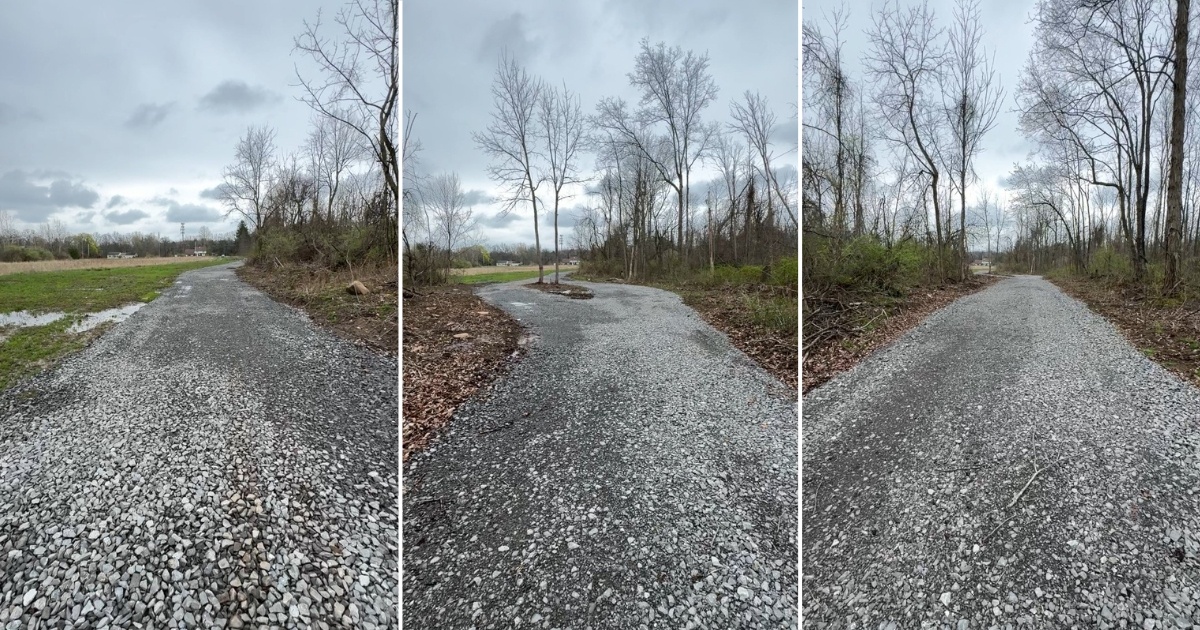 a collage of images showing a gravel driveway