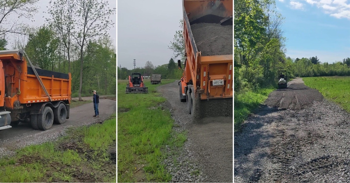 trucks dumping gravel