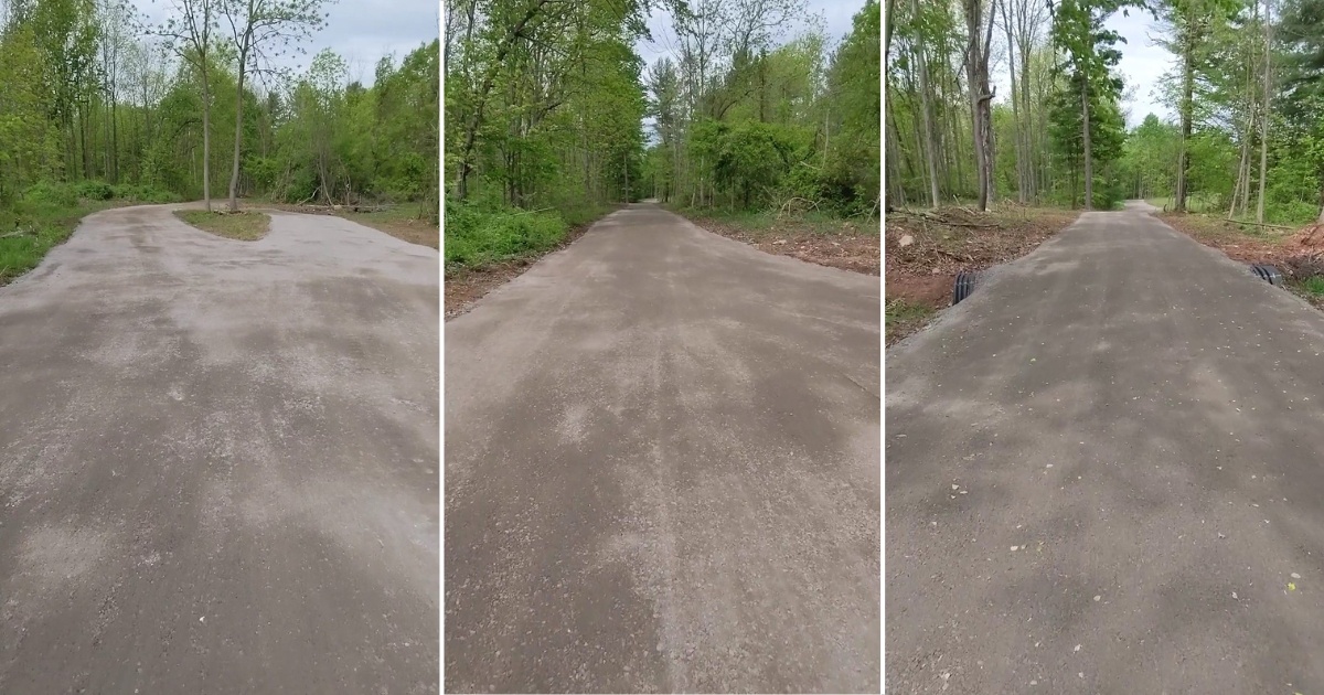 a collage of images showing a gravel driveway