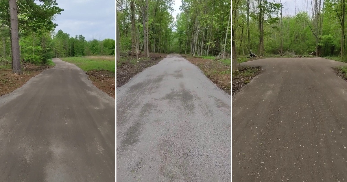 a collage of images showing a gravel driveway