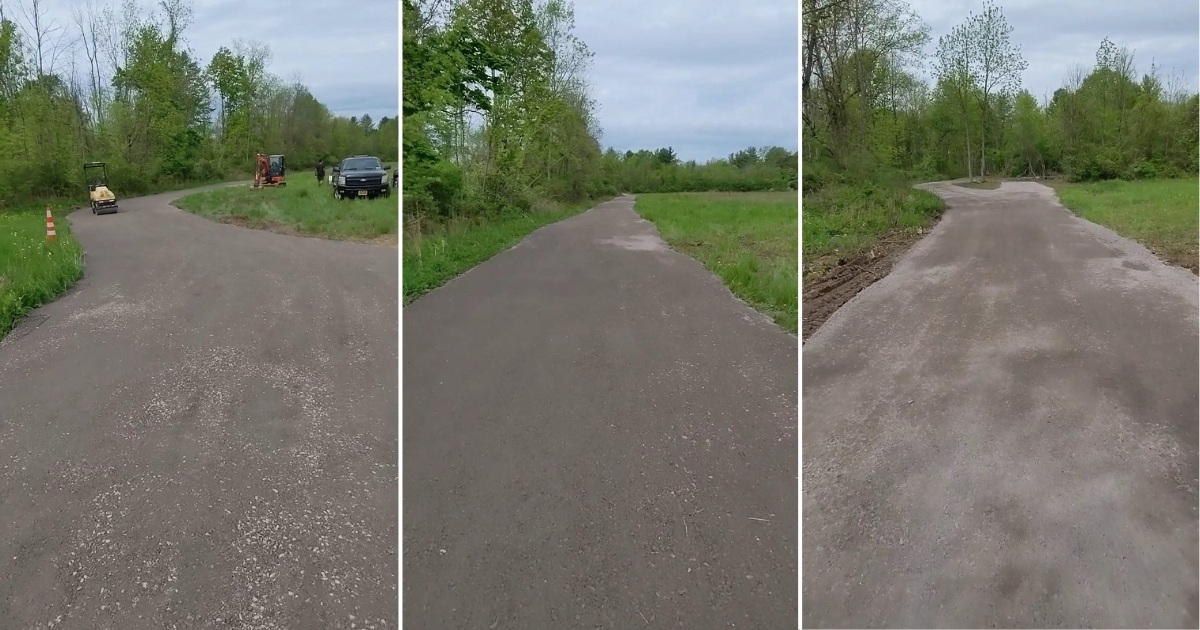 a collage of images showing a gravel driveway